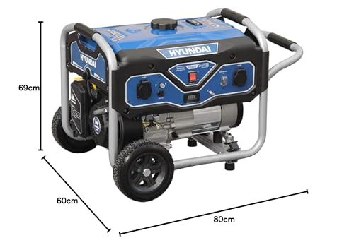 HYUNDAI Benzin Generator BG55051, Stromerzeuger mit 7PS Motor und 3.0kW max. Leistung, Handstart, Notstromaggregat für Baustellen mit 2 x 230V Anschlüssen, Stromgenerator, Stromaggregat