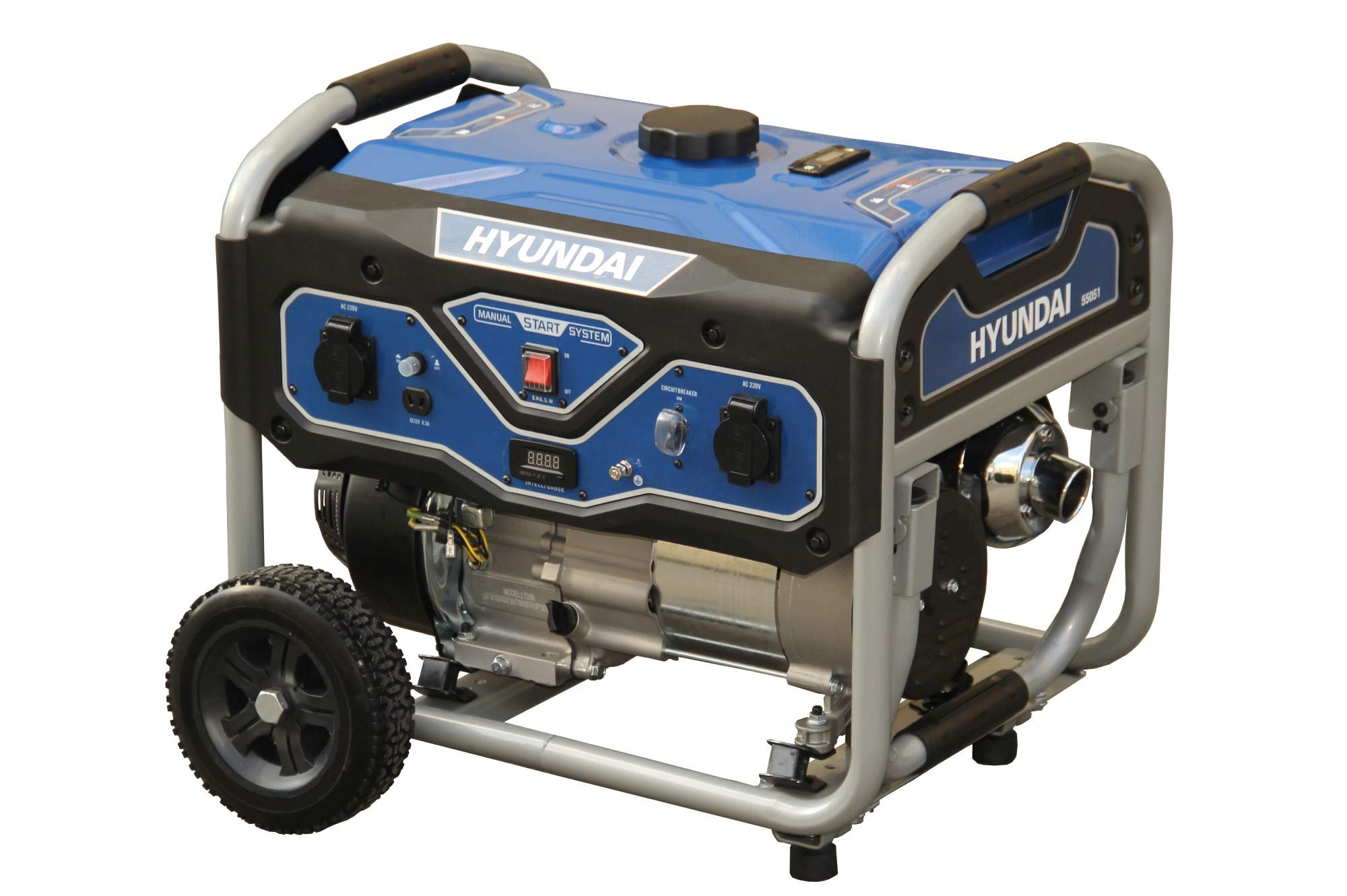 HYUNDAI Benzin Generator BG55051, Stromerzeuger mit 7PS Motor und 3.0kW max. Leistung, Handstart, Notstromaggregat für Baustellen mit 2 x 230V Anschlüssen, Stromgenerator, Stromaggregat