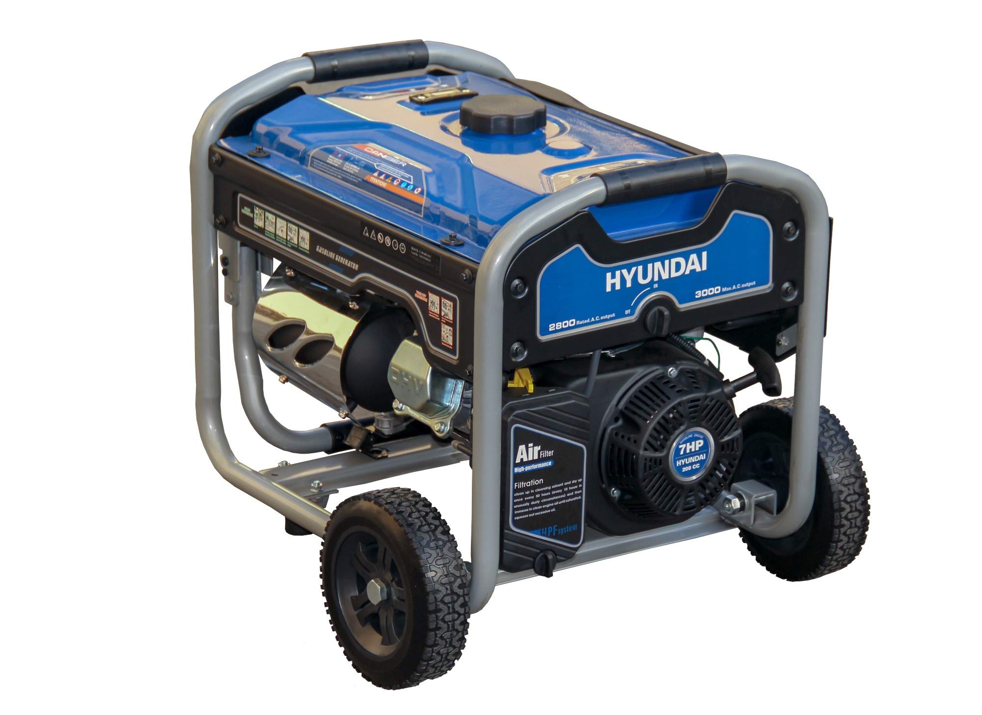 HYUNDAI Benzin Generator BG55051, Stromerzeuger mit 7PS Motor und 3.0kW max. Leistung, Handstart, Notstromaggregat für Baustellen mit 2 x 230V Anschlüssen, Stromgenerator, Stromaggregat